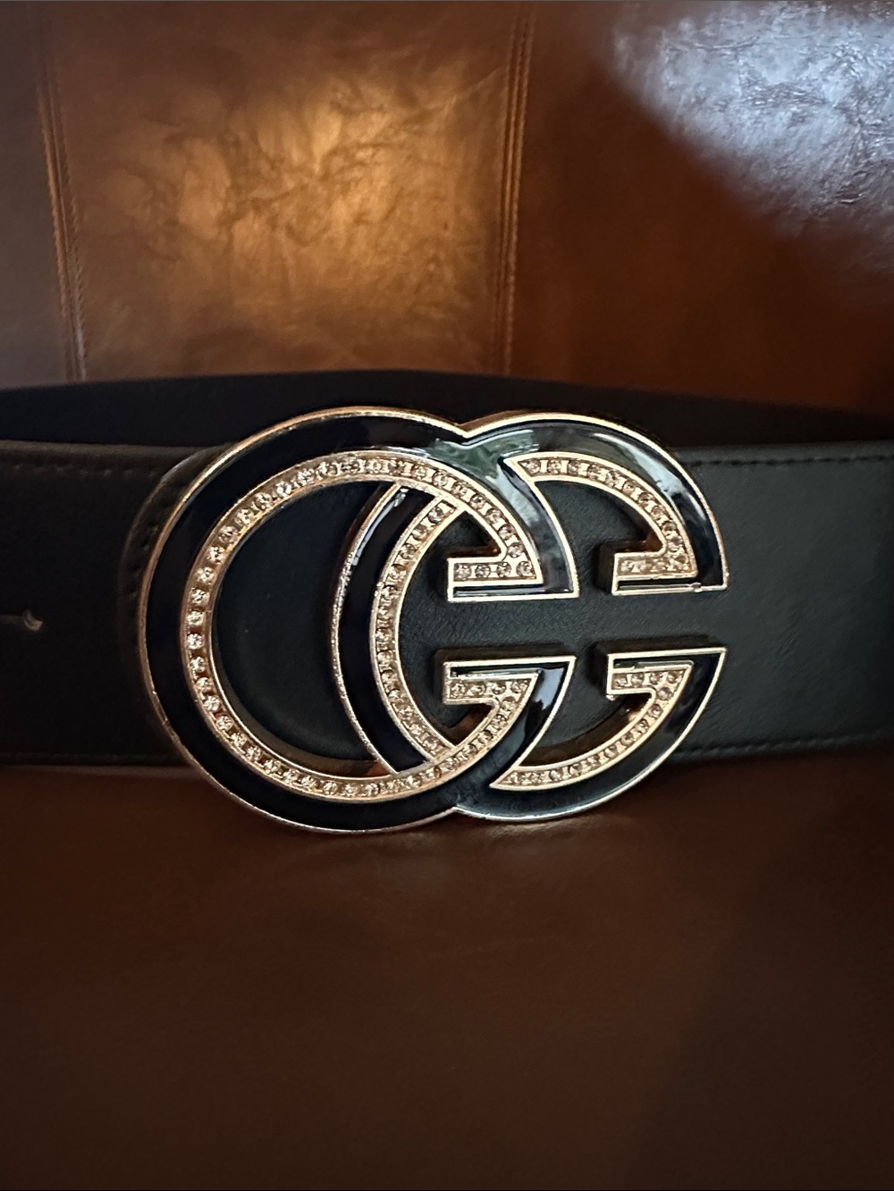 Black Elastic Belt with Double G Crystal Buckle